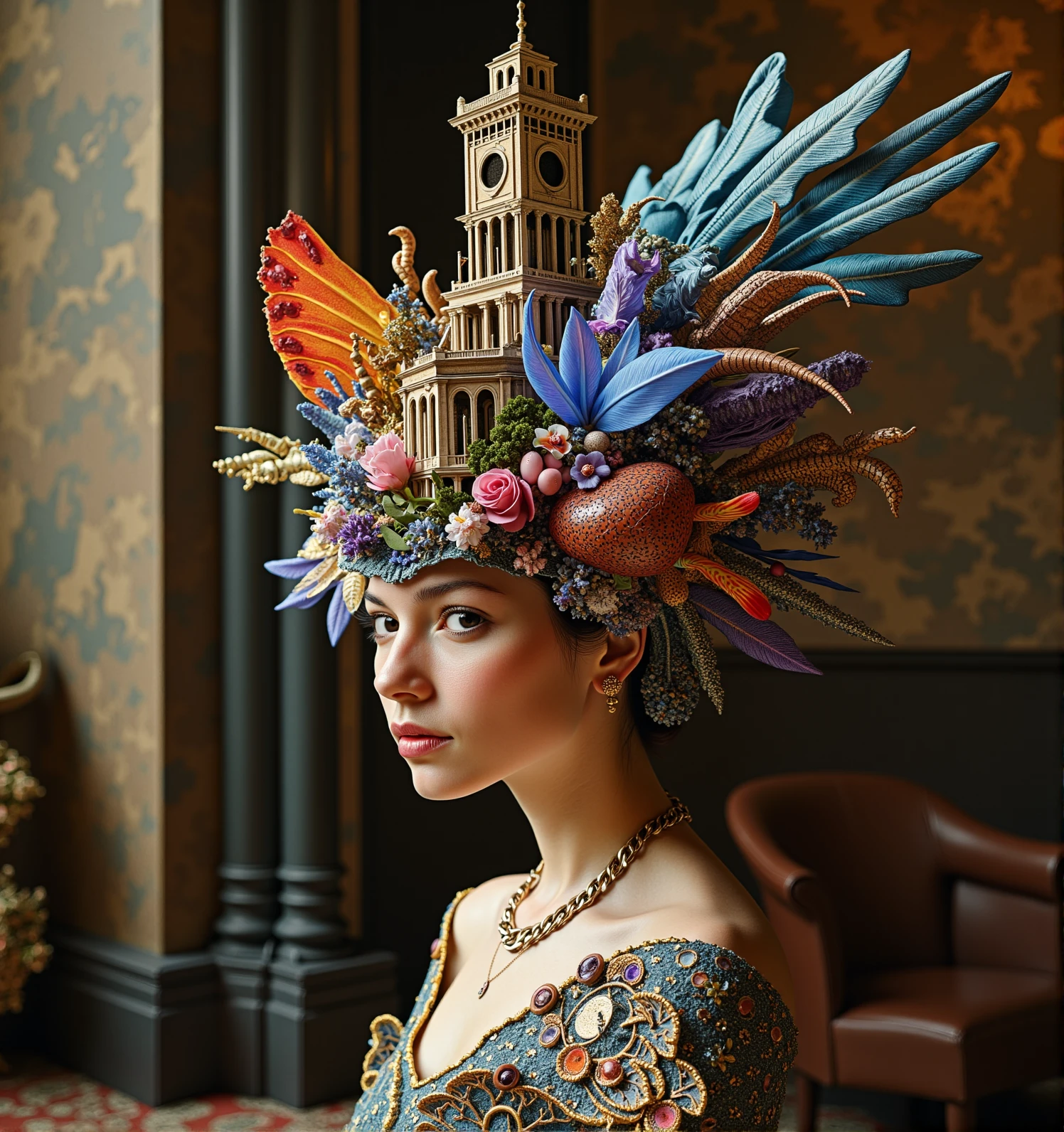 fantastical-headdress with the london tower building,a beautiful British female sitting in the house