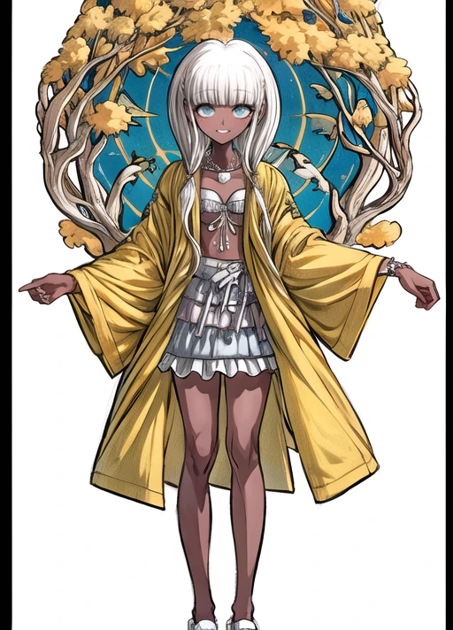 <lora:add_detail:1>, solo, <lora:Angie_Yonaga_sd15:1>, Danganronpa The Animation, dr1anime,  Angie Yonaga, 1girl, full body, left lean, Danganronpa V3 uniform, yellow smock, black shoulder crests, loose sleeves, white bikini top, frilly white bikini top, light blue skirt, white frills, blue bow, necklace, seashell pendant, white pearl, white beaded bracelet, white slip on shoes, light grey soles , a person facing viewer, admiring a majestic colossal ancient tree made with intricate carved marble and fractal details, ethereal flames, fantasy aesthetic, lush rock vegetation, volumetric soft light