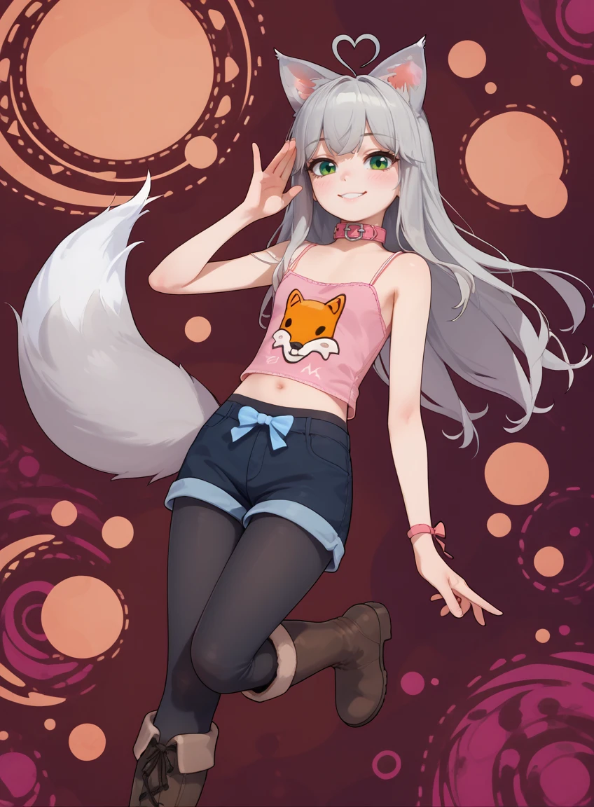 score_9, score_8_up, score_7_up,  (abstract:2) (abstract background) animal ears, grey hair, long hair (hidden ears) tail, green eyes, collar, small breasts, flat chest, pink camisole, midriff, navel, shorts, black pantyhose, boots, brown boots <lora:KitLora:0.8> smile, happy,