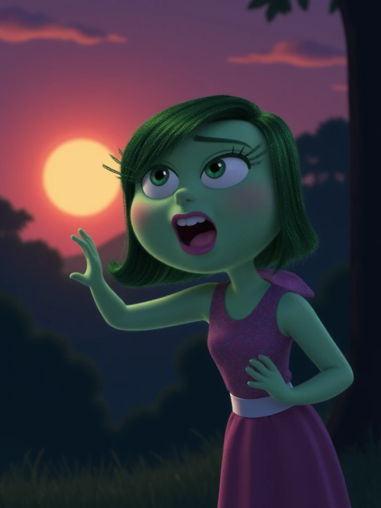 Disgust char,Disgust,Disgust Inside Out 2,feeling happy,background nature sun set night light,