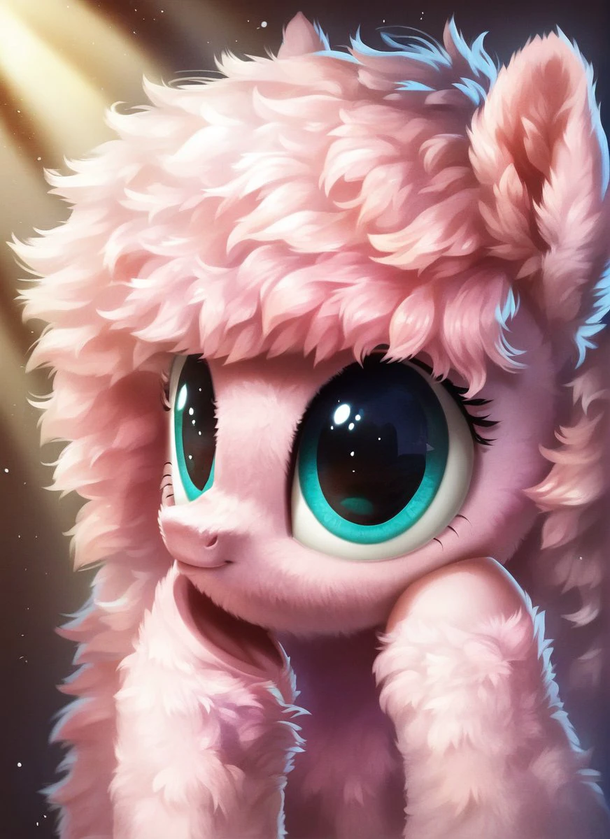 , score_9, score_8_up, score_7_up, score_6_up, score_5_up, score_4_up, rating_safe,<lora:Fluffle_Puf:1>Fluffle_Puf,fluffy body, short hooves, ((cute, little, fuzzy pony, fur)), (high quality, detailed, beautiful), shiny, adorable face, detailed beautiful eyes, diadema, sunlight, realistic, outstanding, countershading, detailed soft lighting, ear fluff, hoof on face, cinematic vintage photography