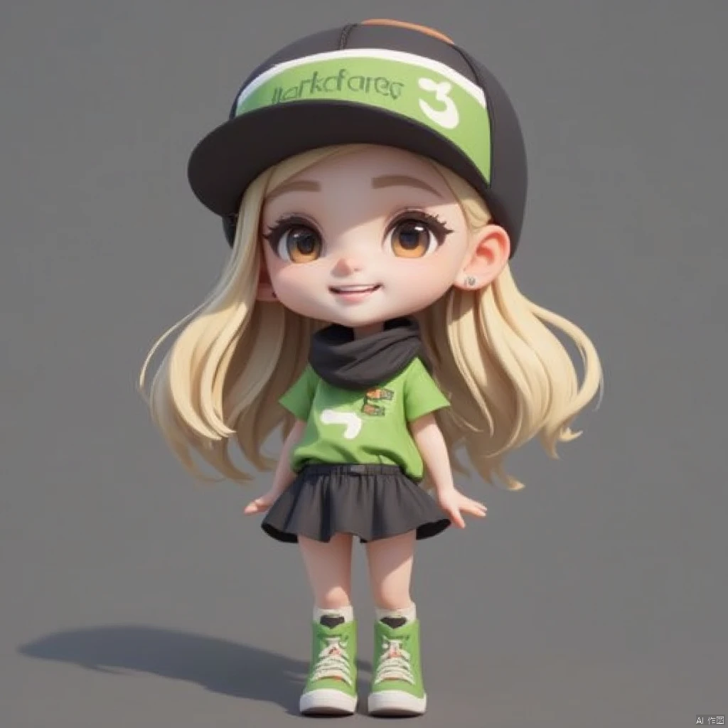 Doll blind box,a cartoon girl with long blonde hair is standing on a gray surface.,She is wearing a green and black cap,a black scarf around her neck,a green t-shirt,and a black skirt with a white logo on it. Her boots are green with orange laces. The ,background is a solid gray color.