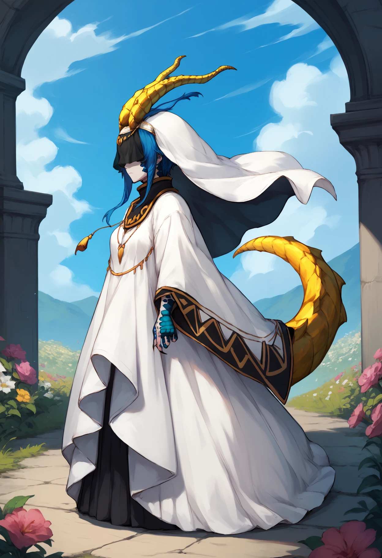 score_9, score_8_up, score_7_up, 1girl, skadra, monster girl, colored skin, horns, scales, short hair with long locks, blue hair, yellow tail, claws, nail polish, medium breasts,
horn ornament, white headdress, black veil, covered eyes, white robe, necklace,
looking at viewer, expressionless,
outdoors, wind, flowers, summer, scenery, full body, from side,
<lora:Skadi-Dragenfelt-PDXL_V1-Manityro-CAME:1.0>,