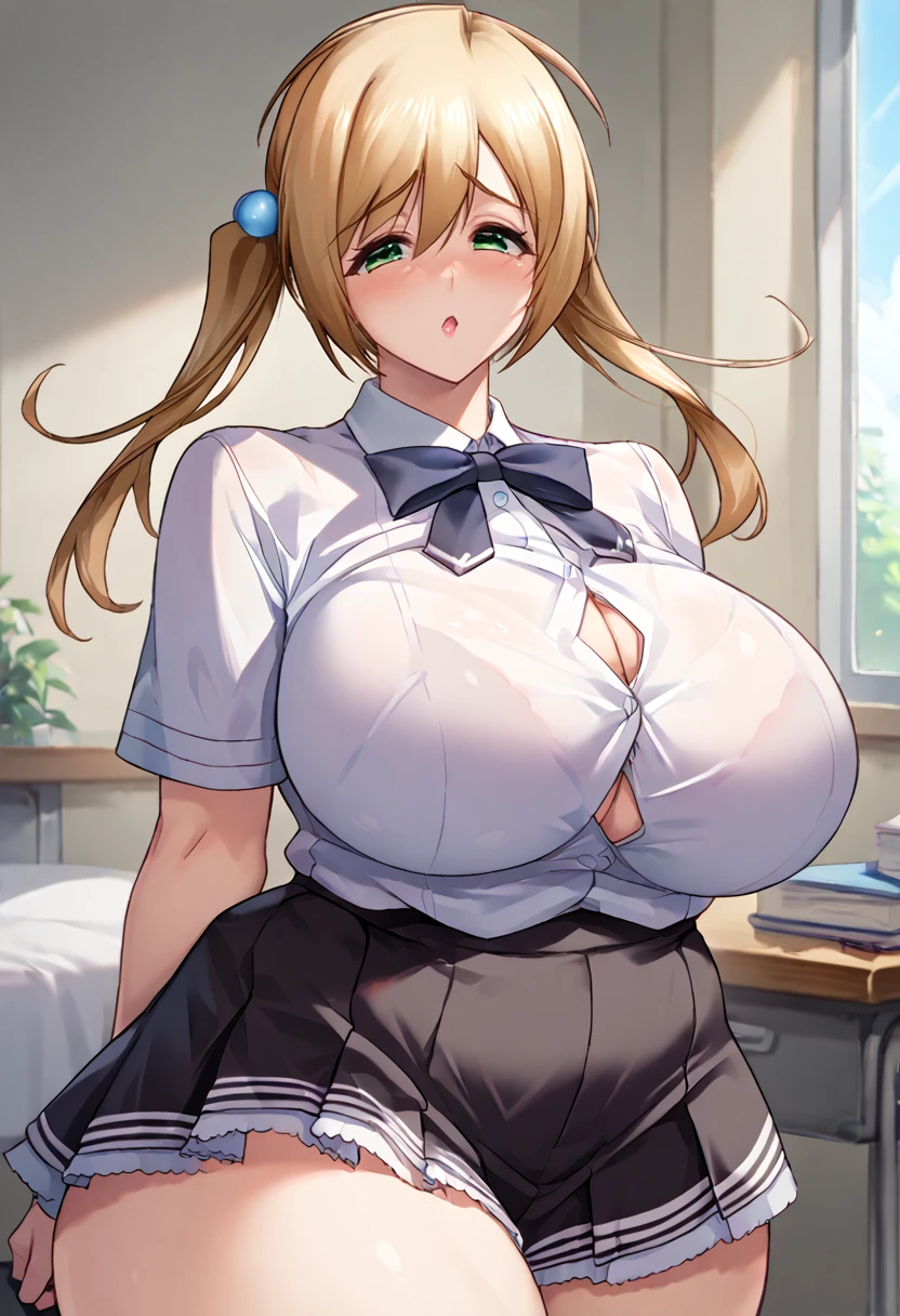 
Blonde, Long Hair, One side up, Aqua Eye., Big Breasts, uniform, having mating、Cum inside