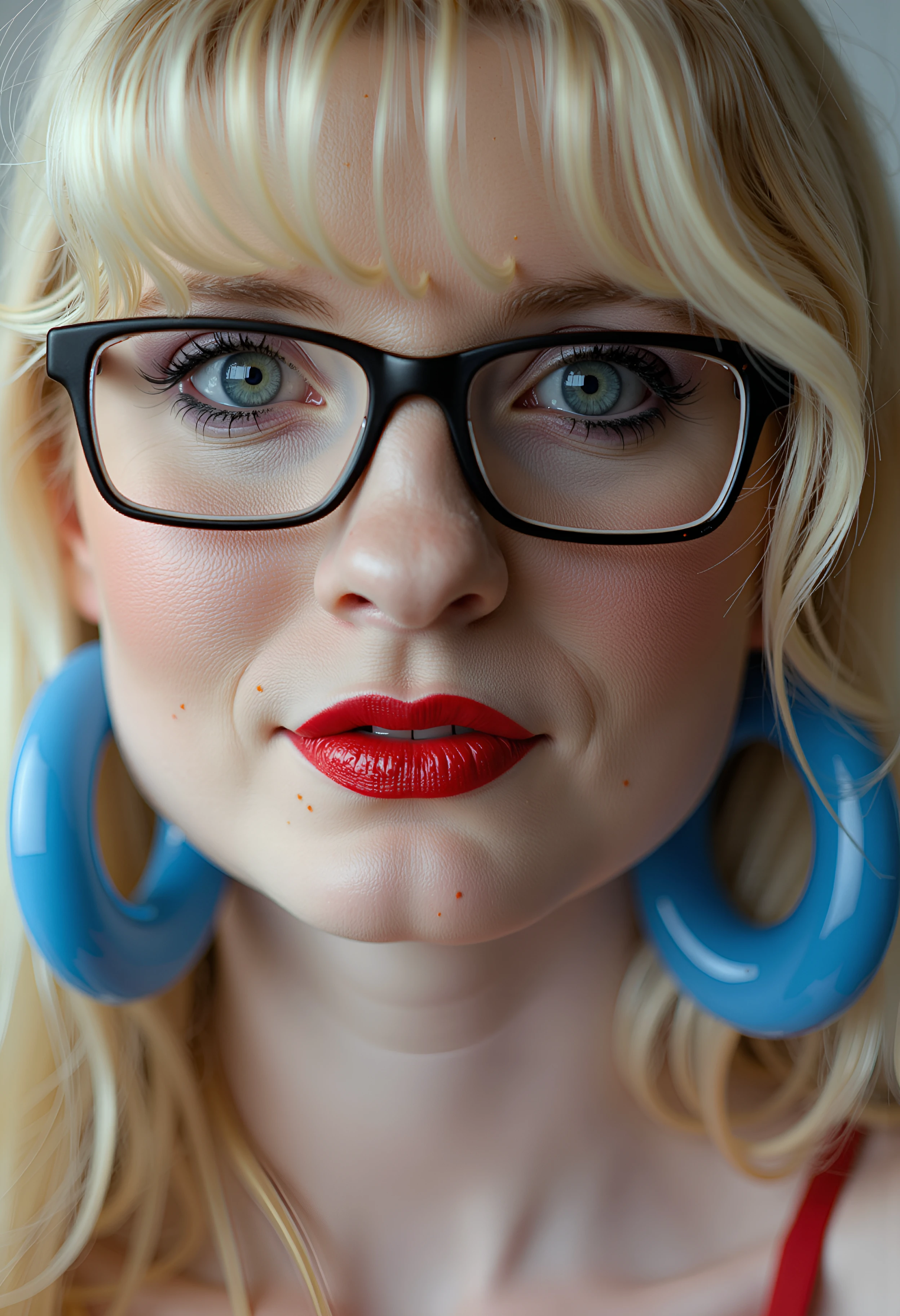 A closeup portrait of sweet caseydeluxe. She lovely looks at the viewer with a perky smile in her eyes.  beautiful face, big erotic eyes, lipstick, eye shadow, blonde hair, big kinky blue plastic earrings, sexy rectangular glasses. , <lora:flux_model_casey deluxe_caseydeluxe_1200:0.9>, , , , ,