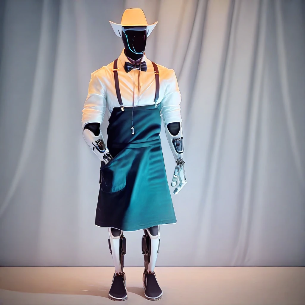 Score_7_up, score_8_up, realistic,  full body, TOptimus, robot, no face, cowboy hat, collared shirt, suspenders, apron, bowtie, three quarter view,