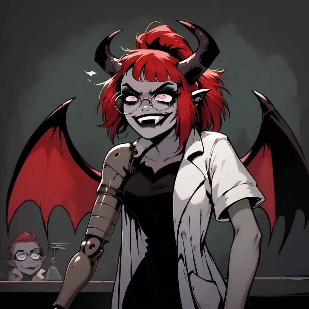 score_9, score_8_up, score_7_up, <lora:ShitpostSuccubusV2:1> SophraxiaHornyscientistV2, ExpressiveSUCC1, succubus, 1 girl, grey skin, goth, goth girl, goth makeup, grey colored skin, red hair, demon girl, horns, wings, bat wings, demon wings, red wings, lab coat, coat, single mechanical arm, glasses, round glasses, ponytail, high taied ponytail, side bangs, Oneprostethicarm, pink eyes,, amputee, prosthesis, prosthetic arm, medium breasts, pointy ears, expressive, exaggerated expression,