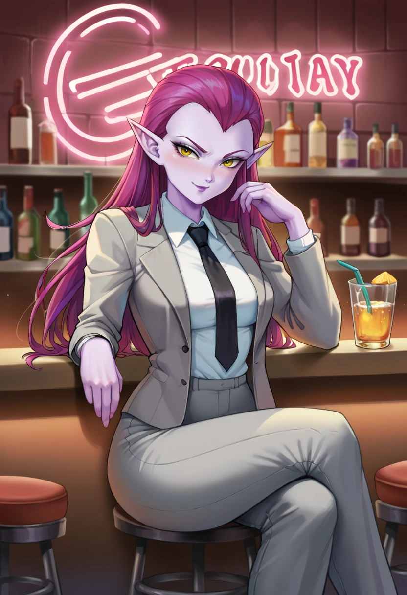 score_9,score_8_up,  score_7_up, BREAK ict style, cocotte,1girl, solo, purple hair,purple skin, yellow eyes, long hair,pointy ears, hair slicked back,purple lips, grey suit,formal,grey jacket, white collared shirt,grey pants, black necktie, medium breasts, indoors,bar,neon sign,shelf,  smile,sitting, contrapposto, long necktie,night, dark room,neon lights, purple lights,nightclub,   <lora:CocottePony:1>