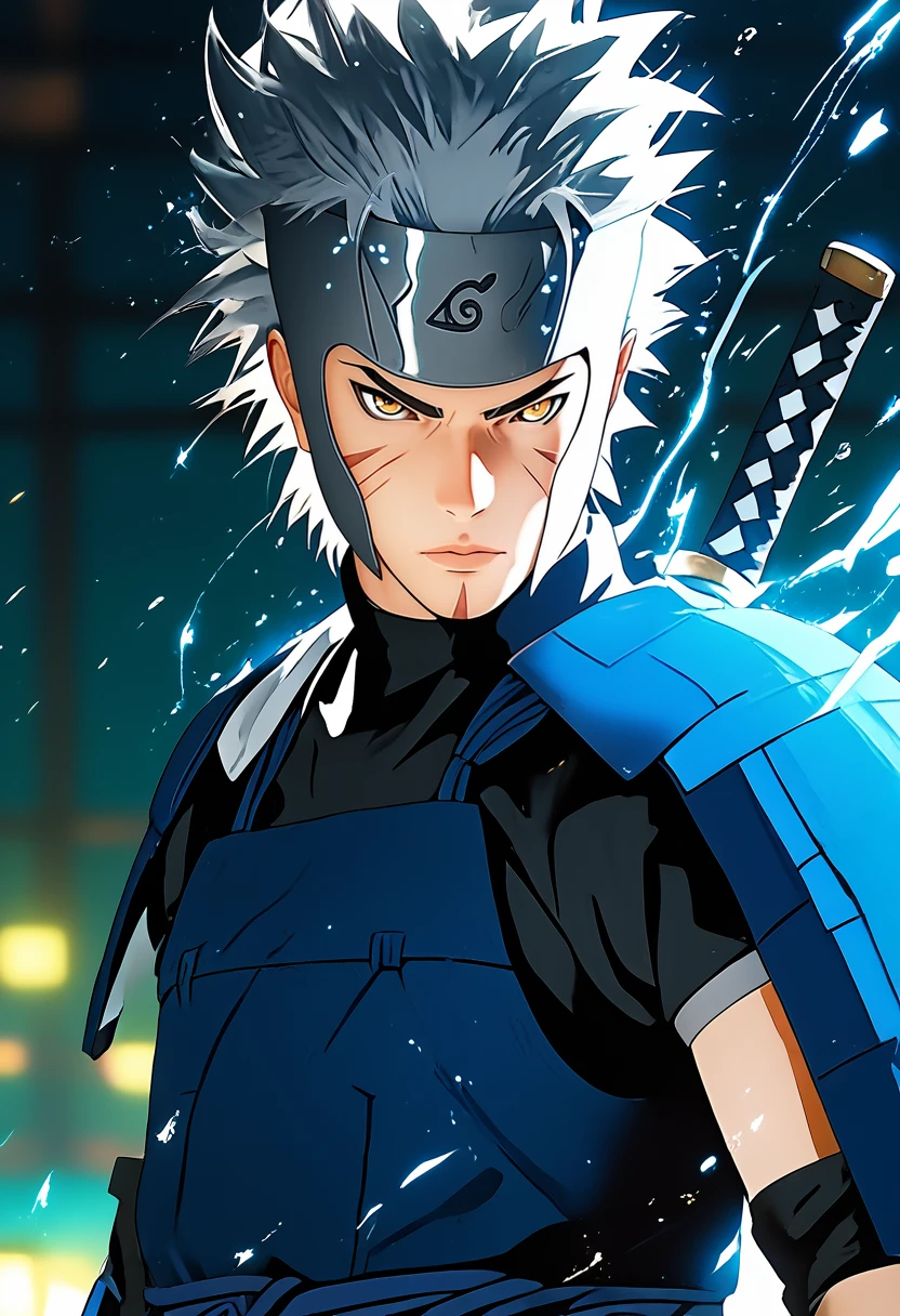 score_9, score_8_up, score_7_up, (masterpiece:1.2), (best quality:1.3), source_anime, <lora:Tobirama Senju - V1:0.8> 1boy, senju tobirama, grey spiky hair, forehead protector, blue armor, facial mark, ninja,  <lora:Anime Style (Vauxz) PONY:0.8> hydrokinesis,  <lora:brave-perspective:0.55> brave perspective, holding sword, low-key lighting, lo-fi, dark, glow, dynamic cinematic lighting, ray_tracing, global illumination