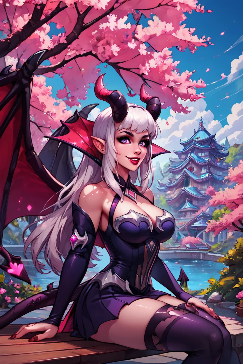 score_9, score_8_up, score_8, medium breasts, (curvy), cute, eyelashes,       BREAK, , ,,,   zzAlice, purple eyes, white hair, long hair, horns, demon horns, demon girl, wings, bare shoulders, demon wings, large breasts, thighhighs, dress, cleavage, lipstick, <lora:Alice_ML_PDXL:0.8>,  ,,,, BREAK, sitting on bench, side view, smile, looking at viewer, cowboy shot,  ,,, BREAK, pnkBldng, sky, day, cloud, tree, blue sky, building, architecture, east asian architecture,  ,,, BREAK, embedding:zPDXL, Expressiveh,  ,,, <lora:PinkBuildingsPDXL_v2:0.6>, <lora:SDXLFaeTastic2400:0.5>, <lora:Expressive_H-000001:0.4>