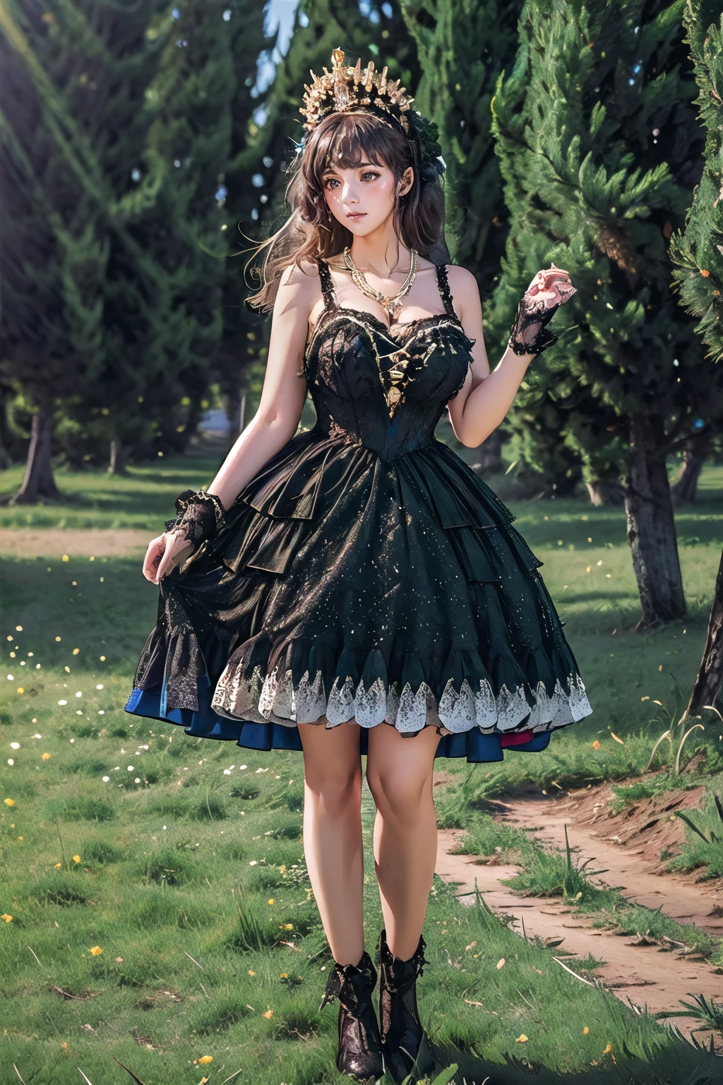 realistic, photorealistic, masterpiece, best quality, 1girl, solo, castle in the background, night, looking at viewer, expressionless, black pantyhose, (blonde, green eyes, bob hair)