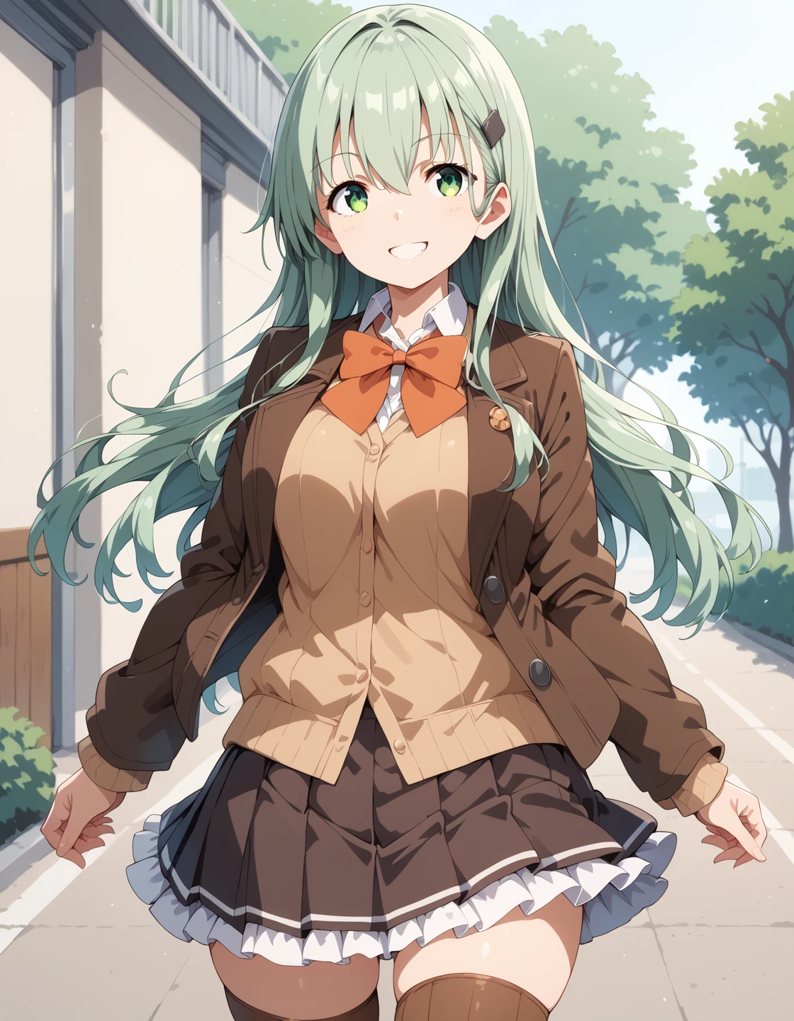 score_9, score_8_up, score_7_up,source_anime,rating_safe,cowboy shot,
1girl,solo, light green hair, green eyes, large breasts, smile,
<lora:zr_suzuyaP:1>, suzuyaKC, hairclip, brown skirt, pleated skirt, brown thighhighs, jacket, cardigan, school uniform, bowtie,