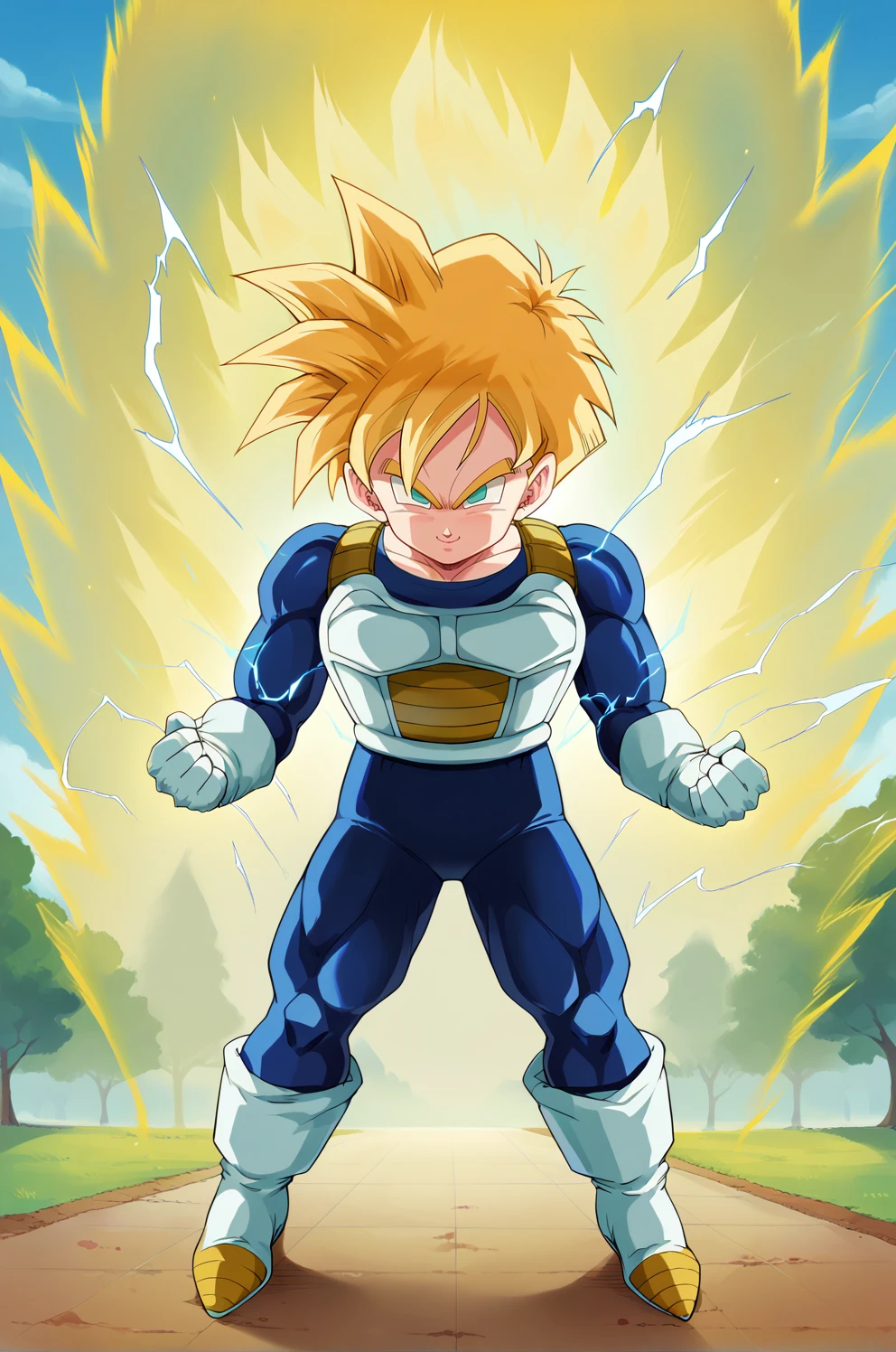 score_9,score_8_up,  score_7_up, BREAK ict style, ghnssj,1boy,solo,full body, blonde hair, aqua eyes, super saiyan,no pupils,yellow aura,spiked hair, electricity, white saiyan armor, blue bodysuit, white gloves, gold straps, legs apart,park, smile, white saiyan boots <lora:KidGohanCellPony:1>