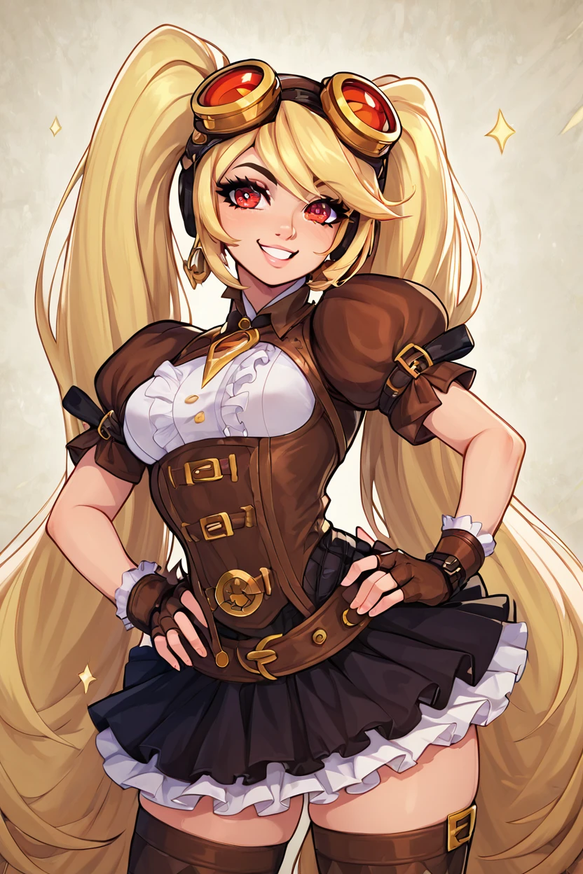 score_9, score_8_up, score_8, medium breasts,(curvy), cute, eyelashes,       BREAK, , ,,, <lora:Layla_ML_PDXL_v2:0.8>, zzLayla, solo, 1girl, twintails, blonde, blonde hair, long hair, very long hair, red eyes, goggles, goggles on head, gloves, thighhighs, skirt, short sleeves, fingerless gloves, puffy sleeves, brown gloves, puffy short sleeves, , ,,, <lora:Afrobull_PDXL_v5:0.8>,  ,,,, BREAK, smile, looking at viewer, hip to the side, hand on hip, contrapposto, embedding:zPDXL, Expressiveh, <lora:SDXLFaeTastic2400:0.5>, <lora:Expressive_H-000001:0.4>,