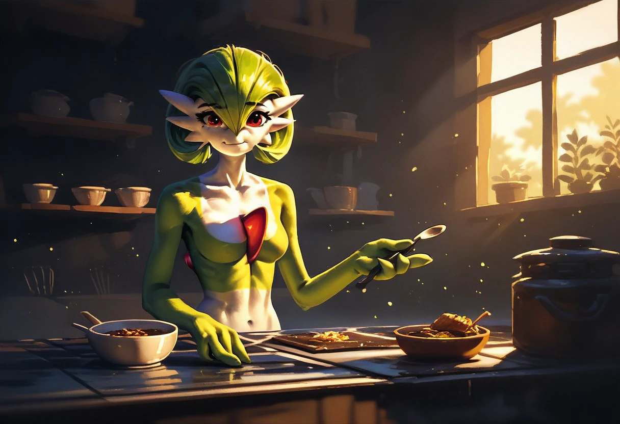 Score_9, score_8_up, score_7_up, score_6_up, score_5_up, score_4_up, hres, anthro, gardevoir, kitchen, nude, rating_safe