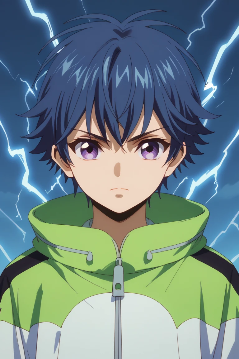 score_9, score_8_up, score_7_up, score_6_up, yu-yu kondo, blue hair, purple eyes, official style, white with green jacket, 1boy, male focus, solo, jacket, looking at viewer, lightning, upper body, black hair, electricity