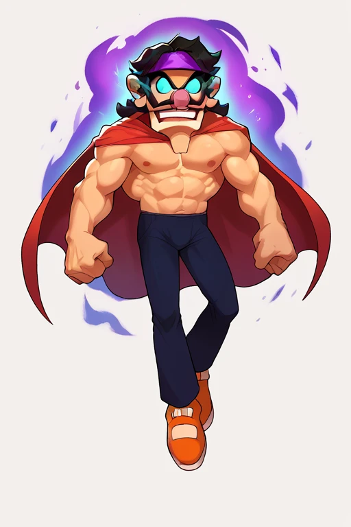 2D, score_9, score_8_up, score_7_up, BREAK, 1boy, solo, Walurambo, Black Hair, pink nose, mustache, purple bandana, Shirtless, Muscular, pants, orange footwear, glowing eyes, red cape, floating, aura