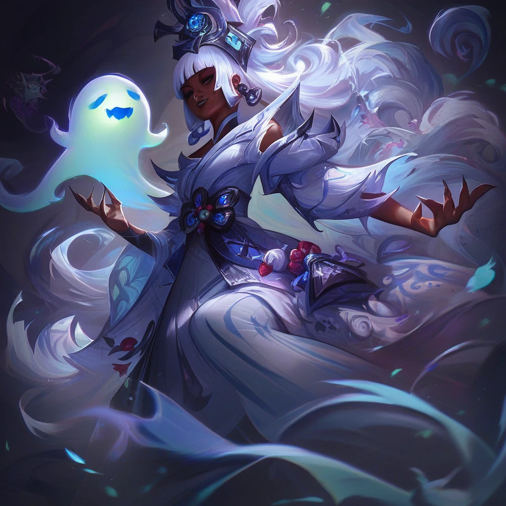 score_9, score_8_up, score_7_up, <lora:LOLHorrorsplashartsMIX:1> 1 girl, Lolhorrorsplashartmix, lolfrightnightsplashart, asian, asian girl, japanese clothing, dark skin, dark-skinned female, white hair, hime cut, long hair, ghost, gohst girl,