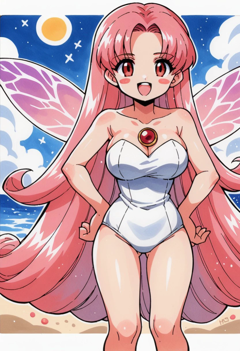 crayon \(medium\), thick outlines:0.25, traditional media, score_9, score_8_up, score_7_up, score_6_up, source_anime, queen_memory, 1girl, solo, large breasts, smile, open mouth, (white one-piece swimsuit|adapted costume), blush stickers, pink hair, very long hair, curled ends, holding food, happy, red brooch, sleeveless, strapless, collarbone, chibi:0.5, red eyes, :3, hands on hips, full body, fairy wings, beach, sun \(symbol\), sky, day, sand