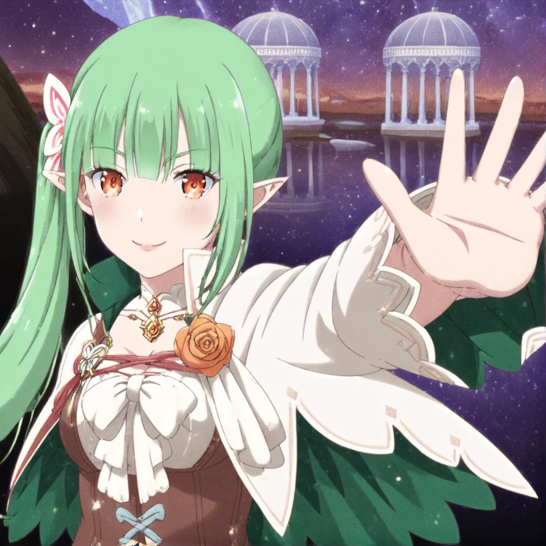 <lora:Shion:1>, shion, has long green hair with a ponytail, her attire consists of a short white cloak with a green diamond-shaped pattern in the inside, a white and brown dress that is like a huntress wears, and white high-end boots, she also adorns an orange rose on her left shoulder, a dagger wrapped around on her hips, and a small gold locket around her neck, solo, looking at viewer, close up