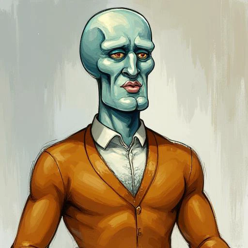 a detailed painting of Handsome-Squidward wearing a dress