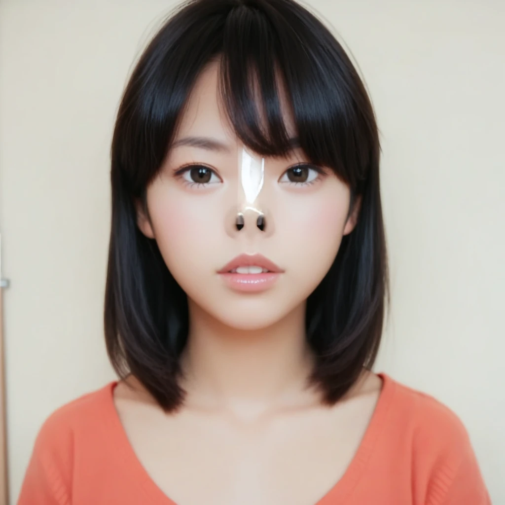 score_9, score_8_up, score_7_up, score_6_up, score_5_up, score_4_up,BREAK,japanese girl,wide shot,upper body  <lora:PONY_Realistic_nose_tape_v1.1-000015:0.8>nosetape,teeth,looking viewer,black hair,brown pupill,look down