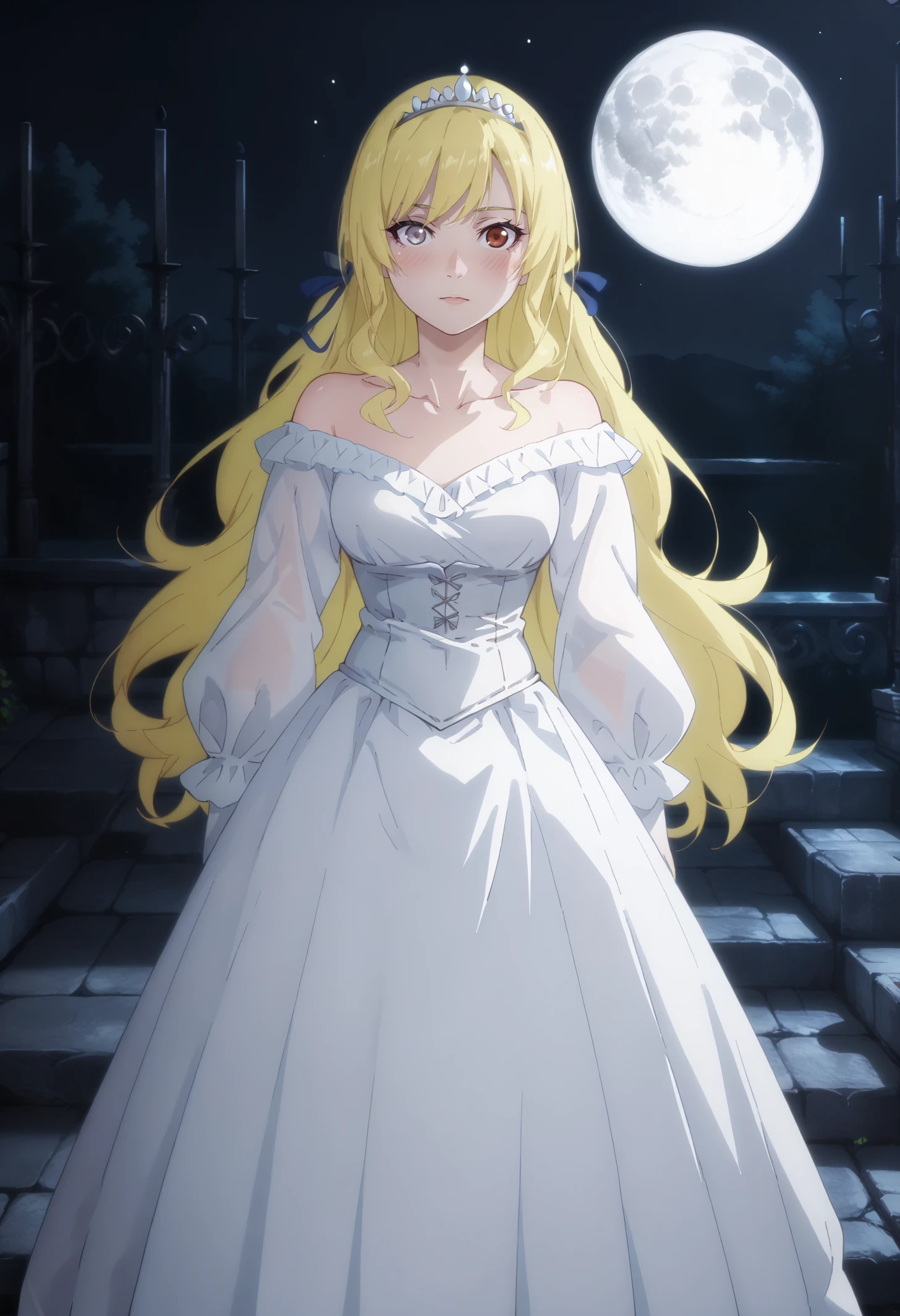 score_9, score_8_up,
1girl, <lora:Acerola_OffSeason_PDXL:0.9>, 1girl, whitacerola, blonde hair, heterochromia, white dress, off-shoulder dress, tiara, puffy sleeves, blue hair ribbon,
blush, looking at viewer,
outdoors, moon