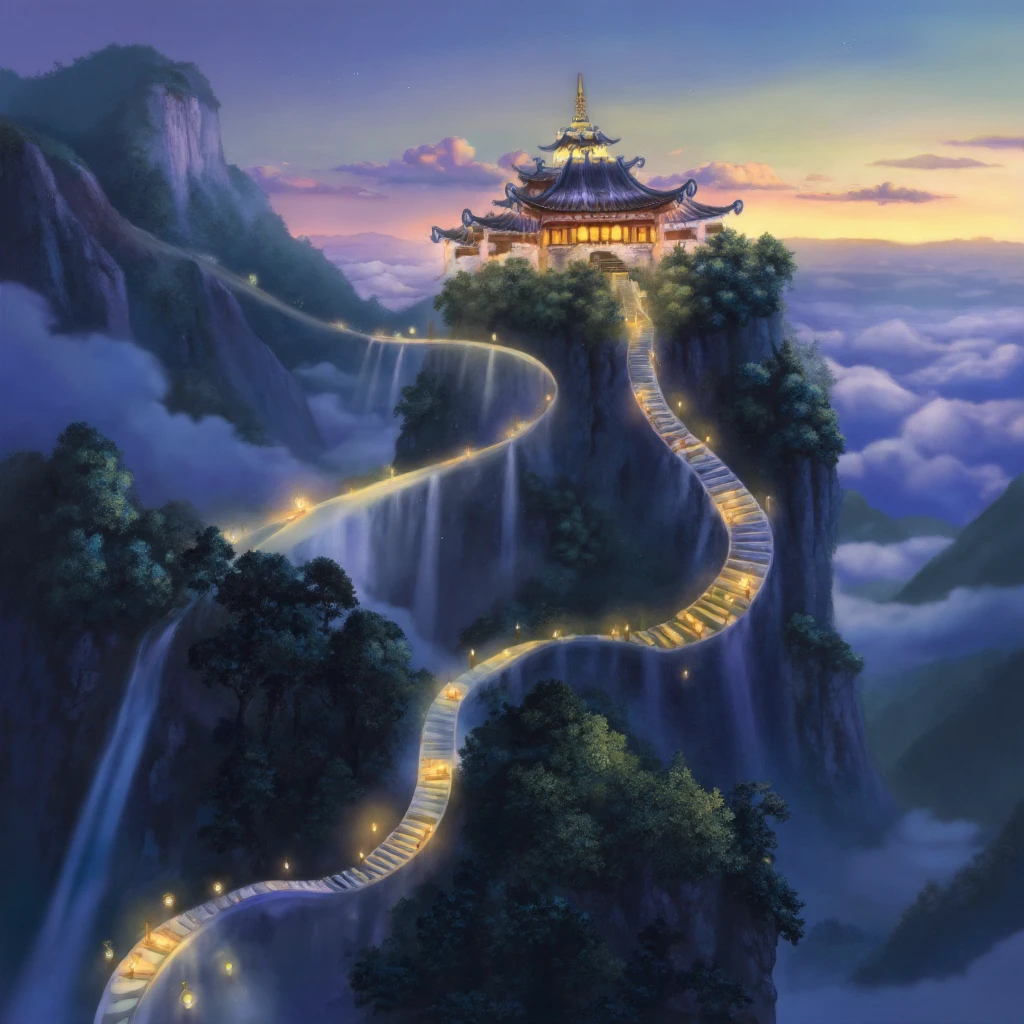 An ethereal mountain temple suspended high above a valley, surrounded by clouds at dusk. The temple’s architecture is intricate, with curved, tiered rooftops that seem to float in the air, their edges glowing with a soft, golden light. A long, winding staircase made of translucent stone leads to the temple, with floating lanterns gently drifting alongside, illuminating the path. The surrounding mountains are covered in dense forests, with waterfalls cascading down their sides, disappearing into the mist below. In the distance, the sky is a mix of deep purples and oranges, with the first stars starting to twinkle as the day fades into night. The entire scene feels serene and otherworldly, as if the temple exists in a realm between earth and sky.