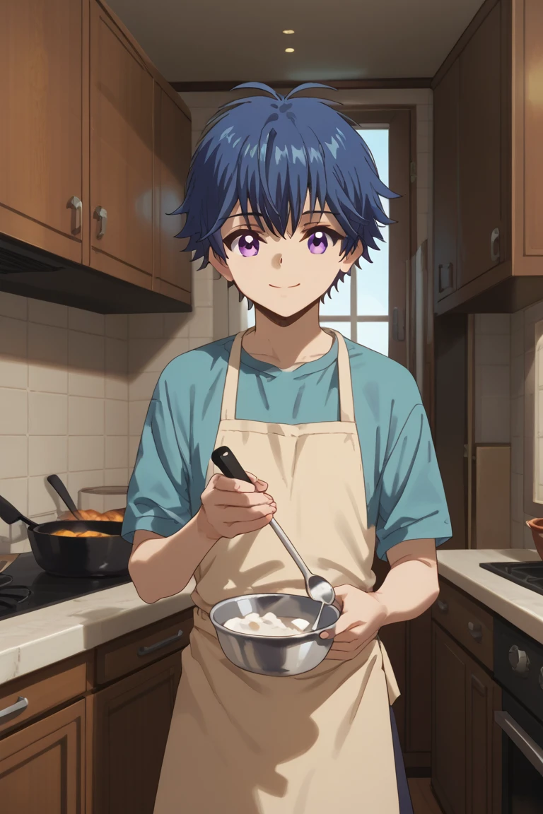 score_9, score_8_up, score_7_up, score_6_up, yu-yu kondo, blue hair, purple eyes, 1boy, male focus, solo, apron, cooking, kitchen, ladle, shirt, smile, stove, indoors, door, blue shirt