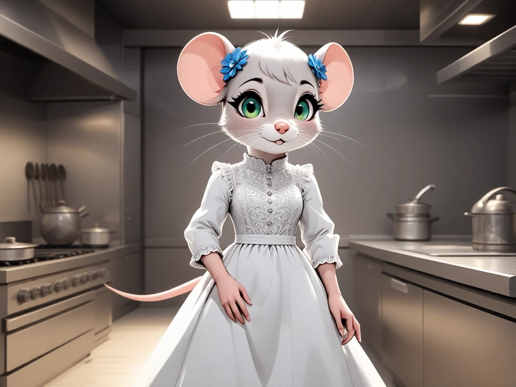 (2d anime style:0.74), (adult anime style, realistic lighting:0.8), (whiskers of a mouse:0.6)

standing, white dress, intricate long white dress. (green eyes, blue hair ornaments, short grey hair:1.05)

(grey anthro mouse lady, grey fur, furry, cute big eyes, small waist, full body view, big breasts, mature lady.:0.8)

(female kitchen chef, cooking, stainless steel kitchen, big modern kitchen, stove, pans, pots, knives, large spoon:0.8)