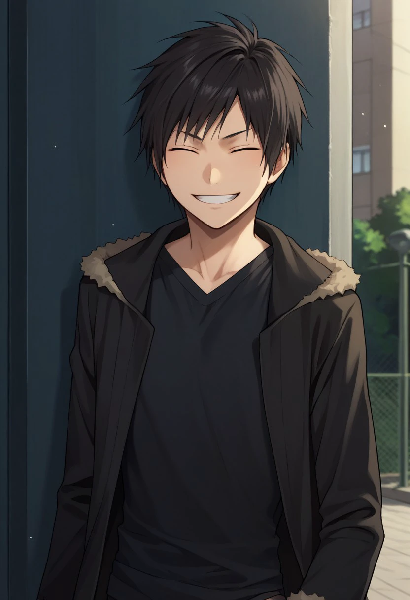 score_9, score_8_up, score_7_up, source_anime, highly detailed, 
izaya, 1boy, male focus, solo, black hair, short hair, closed eyes, jacket, shirt, black shirt, long sleeves, smile, light grin,
outdoor,