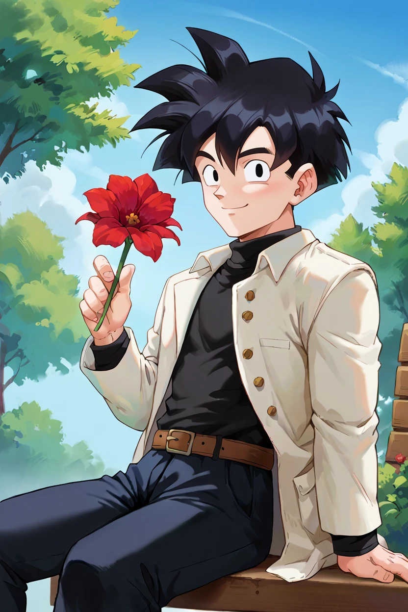 score_9,score_8_up,  score_7_up, BREAK ict style,ghnbsfrm,1boy,solo,black hair,spiked hair, black eyes,white jacket,black pants,sitting,looking at viewer,blue sky,smile, turtleneck,long sleeves,bench, tree,holding flower,red flower,happy, from side,(from below:0.8),brown belt, hand up, open jacket,popped collar, closed mouth, (retro artstyle:0.4)   <lora:KidGohanCellPony:1>