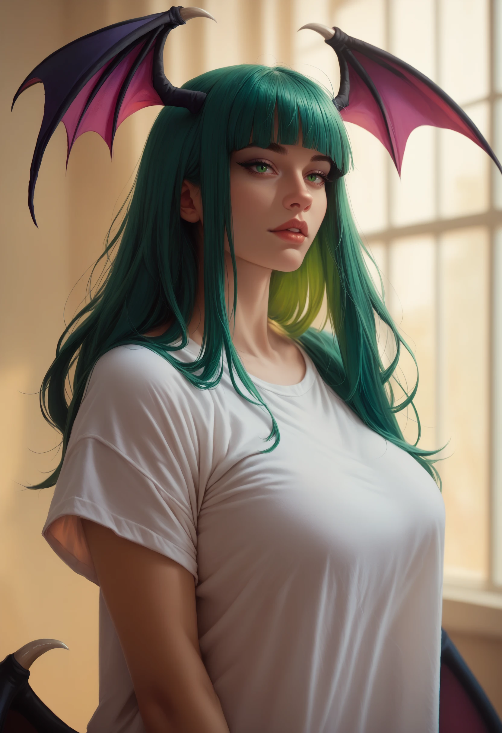 score_9, score_8_up, score_7_up, <lora:wrenchDarkstalkersMorriganAensland:1>, dsmorae, long hair, green hair, blunt bangs, green eyes, large breasts, head wings, bat wings, low wings, purple wings, 
white shirt, oversized shirt, shirt only,