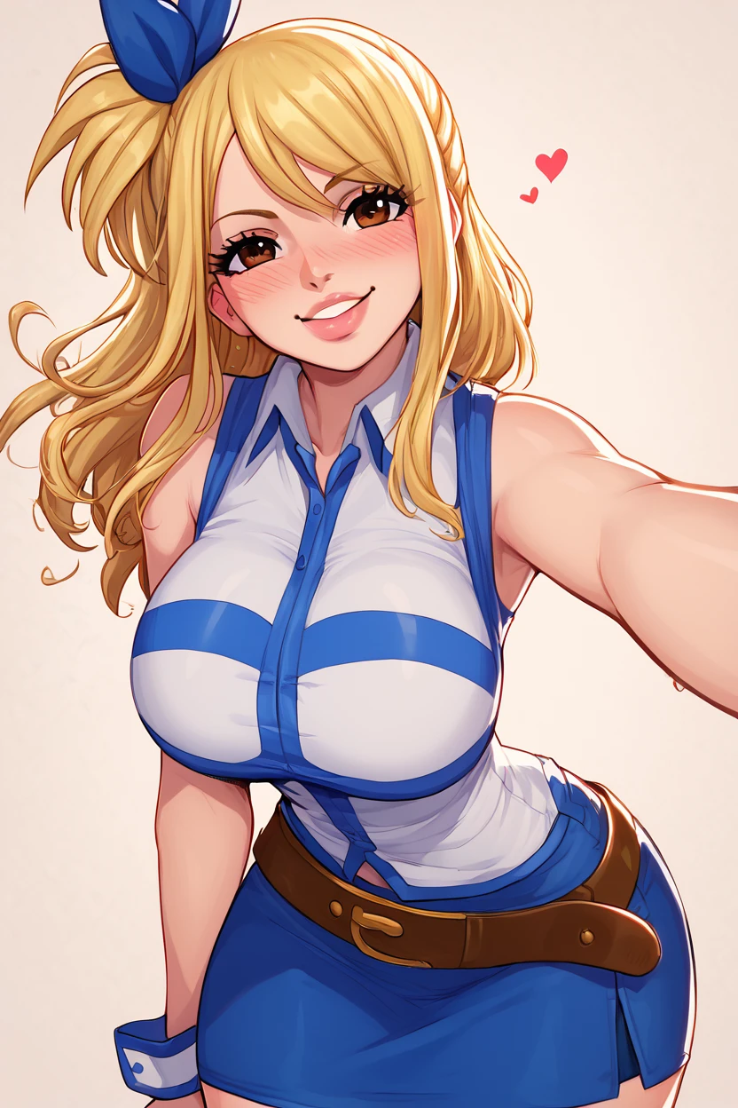 score_9, score_8_up, score_8, (curvy), cute, eyelashes,       BREAK, , ,,, aaLucy, hair ribbon, side ponytail, blonde hair, long hair, large breasts, white shirt, sleeveless, belt, blue skirt, <lora:Lucy_Heartfilia_PDXL_v2:0.8>, lips,  ,,, <lora:Afrobull_PDXL_v5:0.8>,  ,,,, BREAK, leaning forward, head tilt, blush, embedding:zPDXL, Expressiveh, <lora:SDXLFaeTastic2400:0.5>, <lora:Expressive_H-000001:0.4>,