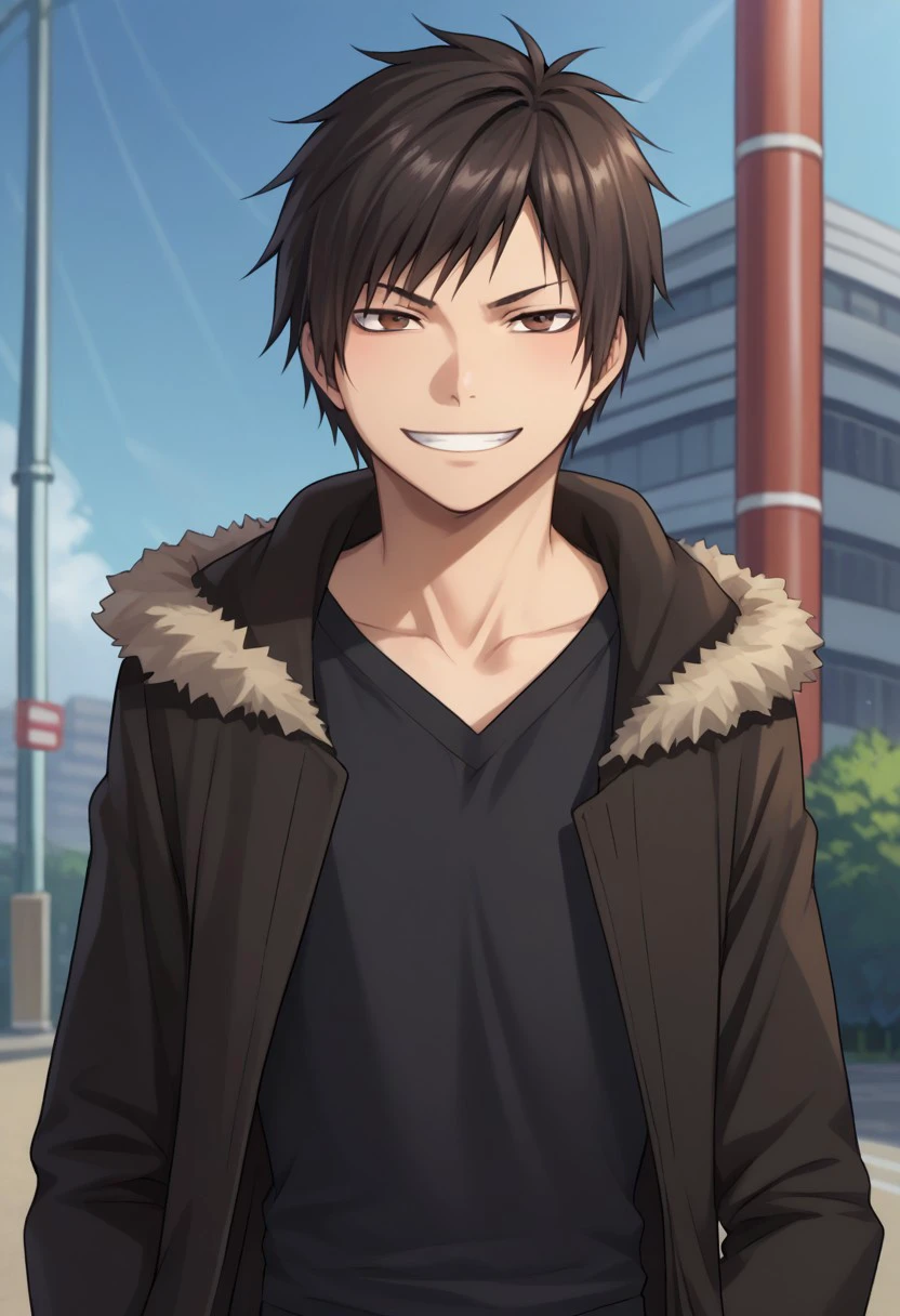 score_9, score_8_up, score_7_up, source_anime, highly detailed, 
izaya, 1boy, male focus, solo, black hair, short hair, brown eyes, jacket, fur trim, hood, open jacket, open clothes, shirt, black shirt,  grin,
outdoor,