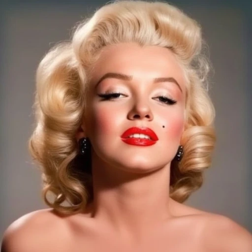 This is a photograph of Marilyn Monroe, loose waves. Her makeup is elaborate, radiant glow, and she has a serene, captured in a close-up portrait. She has striking, with bright red lips and subtly accentuated eyes., stylized portrait. She has short, a famous American actress and model, styled blonde hair