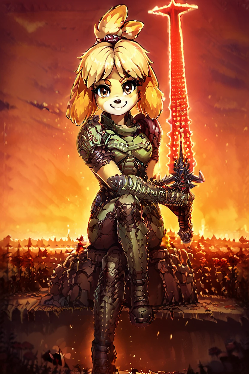 score_9, score_8_up, score_8, medium breasts, (curvy), cute, eyelashes,       BREAK, , ,,,   zzIsabelleDoom, brown eyes, topknot, dog ears, looking at viewer, smile, smirk, power armor, weapon over shoulder, power armor, energy sword, crucible (doom), science fiction, sunset, retro artstyle, poster (medium), movie poster, side view,  <lora:Isabelle_Doom_Slayer_PDXL:1.0>,   ,,,, BREAK, zzEiffelTower in background, sitting, watercraft, boat, sitting on wall, side view, looking at viewer, smile, ,,, BREAK, blooming stars, luminescent petals, otherworldly fragrance blurry background, ,,, embedding:zPDXL, Expressiveh, ,,, <lora:EiffelTowerPDXL:0.8>, <lora:CatalystStylePDXL:0.6>, <lora:SDXLFaeTastic2400:0.5>, <lora:Expressive_H-000001:0.4>,