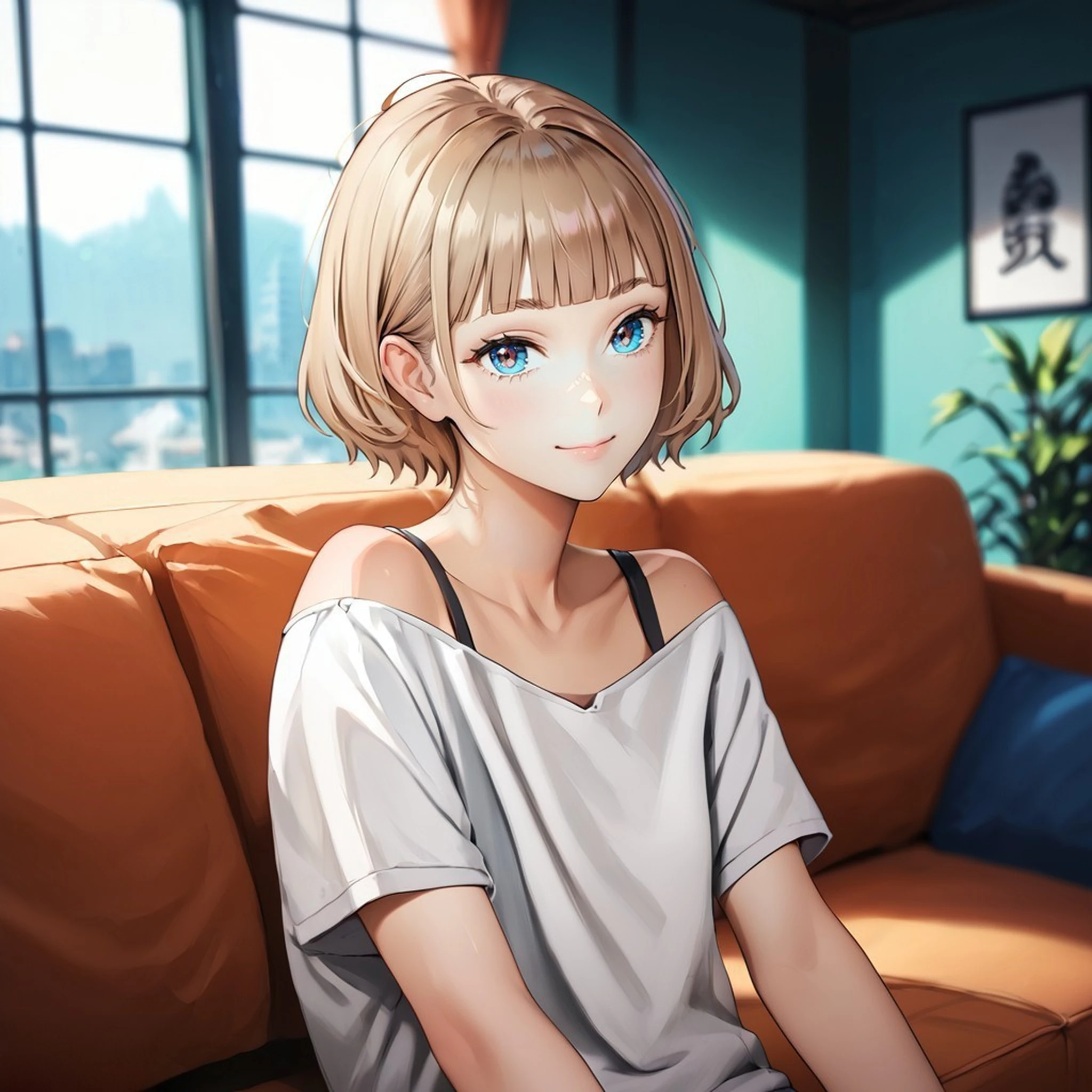 1girl, light brown hair, [blue eyes:0.1], short hair, blunt bangs, white oversized shirt, black shoulder strap, bare bare shoulders, [face freckles:0.5], small breasts, smile, sitting on orange sofa, shorts, looking at viewer, 
behind big window, indoors, contrapposto, blurry background, blurry foreground, 
[realistic::0.1]
score_9, score_8_up, score_7_up,score_6_up,source_anime, masterpiece, best quality, hires,
<lora:Fixhands_anime_bdsqlsz_V1:1>,<lora:DobunezuMix-Pony:0:1>  <lora:Curl_inward_hair-Pony:0:1>