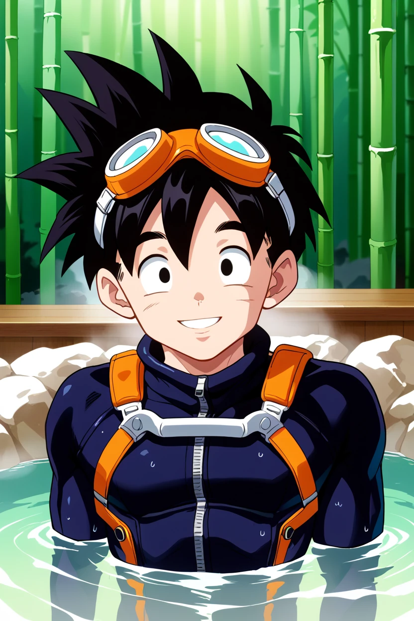 score_9,ghnbsfrm, 1boy, solo, black  hair,spiked hair, bathing, submerged,onsen, bamboo,smile,parted lips,portrait,cropped torso,cropped shoulders, scuba gear, black bodysuit,diving mask,high collar, goggles,eyewear, <lora:KidGohanCellPony:1>