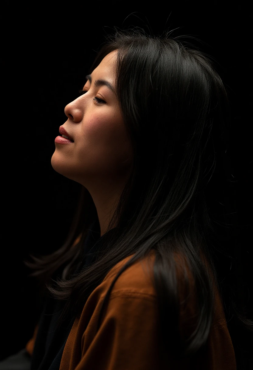 a face profile photo of maithink, a woman. The background is black. The image is lit in such a way that her head appears to glow around the outline.