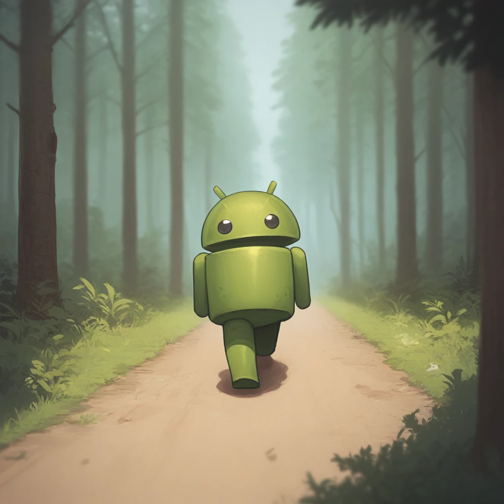 score_9_up, score_8_up, BREAK, Bugdroid, no humans, solo, black eyes, green skin, walking, <lora:Bugdroid_GoogleAndroid_PXL_Leaf2:1>, outdoors, forest, depth of field,