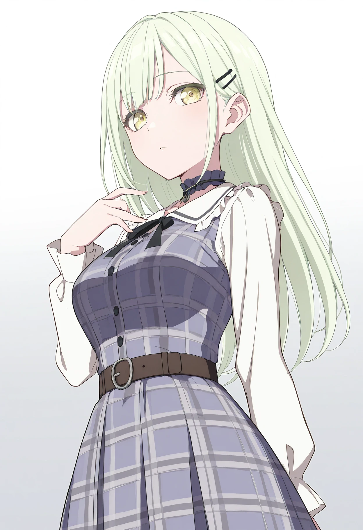 best quality,masterpiece,highres, wakaba mutsumi, 1girl, solo, breasts, looking at viewer, hairclip, long hair, <lora:wakaba_mutsumi_IlluXL:1>, yellow eyes, grey background, gradient background, cowboy shot, light green hair, platinum blonde hair, purple dress, plaid dress, frilled collar, neck ribbon, choker,  <lora:yoneyamaiXL_illu_lokr:0.6>, belt, blue dress, long sleeves,, best quality, masterpiece,highres, very aesthetic,absurdres,