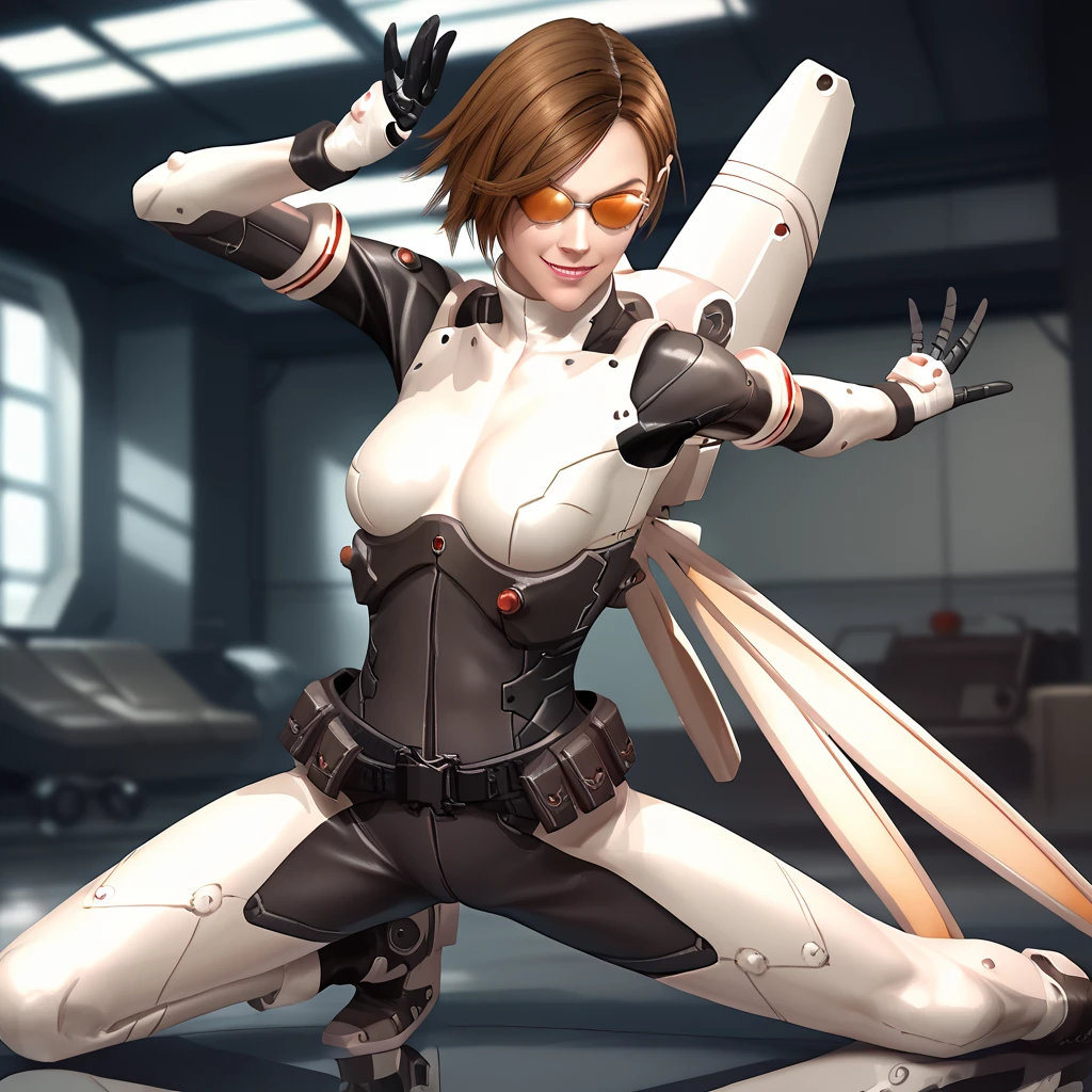 score_9, score_8_up, score_7_up, 1girl, solo, uncensored, vanessaschneider, smile, confident, fighting stance, short brown hair, mechanical wings, black bodysuit, skin tight, science fiction, sunglasses, tinted eyewear, indoors, military base, metal walls, reflective floor <lora:VanessaSchneiderXL_v1.0:1>