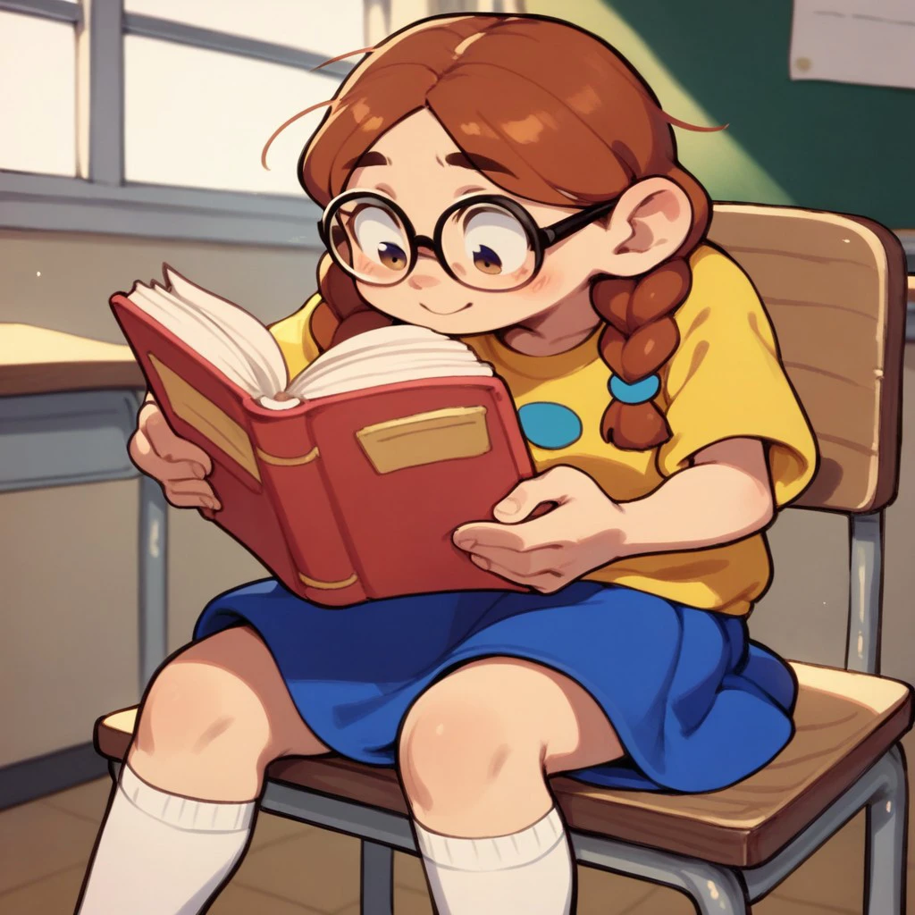 score_9, score_8, score_7, break, lizzie_knd, twin braids, glasses, brown hair, yellow shirt, blue skirt, classroom, sitting, book, reading, cute