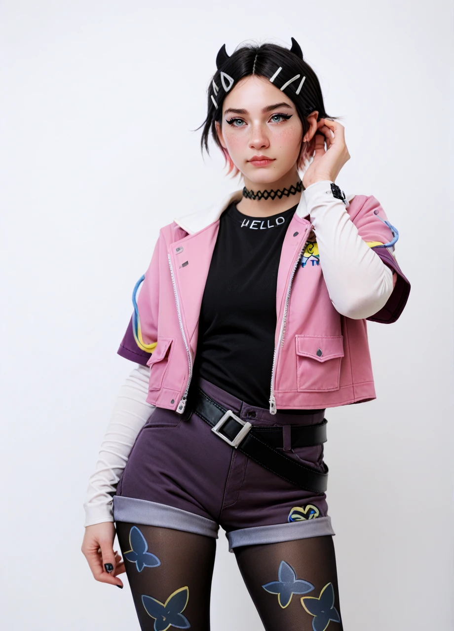 photo, clove (valorant), freckles, solo, short hair, two-tone hair, eyeliner, choker, jewelry, hairclip, jacket, black shirt, belt, short shorts, pantyhose, black nails, cowboy shot, white background  <lora:Valorant_Clove-PONY:0.8>, score_8_up, score_7_up, score_6_up, score_5_up, score_4_up,