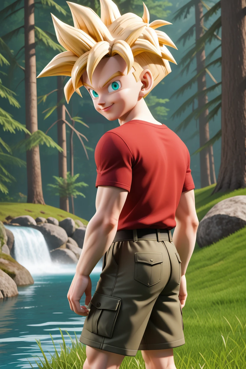 score_9,ghnssj, 1boy, solo,blonde hair, spiked hair,super saiyan,teal eyes,no pupils,looking at viewer,  from side, black cargo shorts,red t-shirt,short sleeves,looking back, nature, cascade, water, tree,grass,3d,hand up, profile,cargo shorts,smile, black shorts  <lora:KidGohanCellPony:1>