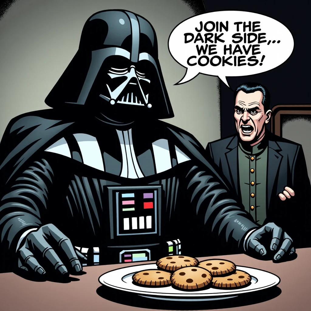 Generation Mode:

flux_txt2img

Positive Prompt:

Darth Vade speaking in a comic, a speech bubble for him reads "Join the Dark Side, We have Cookies!". A plate of cookies is on the table next to him, as the cloaked Emperor Palpatine looks on at the viewer, cackling evilly