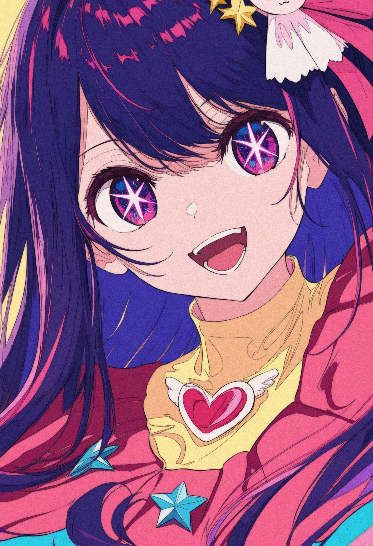 masterpiece, best quality, high contrast, absurdres, vibrant, highly detailed, ligne claire, cogecha,  ligne claire, 1girl, star, (symbol), hoshino ai, (oshi no ko), purple hair, hair ornament, rabbit hair ornament, solo, star-shaped pupils, purple eyes, star hair ornament, open mouth, long hair, symbol-shaped pupils, looking at viewer, teeth, smile, ribbon, hair between eyes, pink ribbon, hair ribbon, multicolored hair, sidelocks, close-up