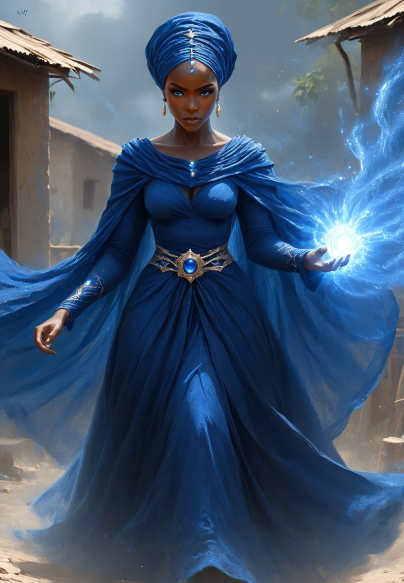 Blue Ajah: A regal woman in a deep blue gown, her face determined, weaves a glowing spell of light and air, forming a shimmering shield of protection around a vulnerable village, her eyes focused on justice, her hands gracefully commanding the threads of power. <lora:artfullyWOT1PWR:1>, artwot1pwr,