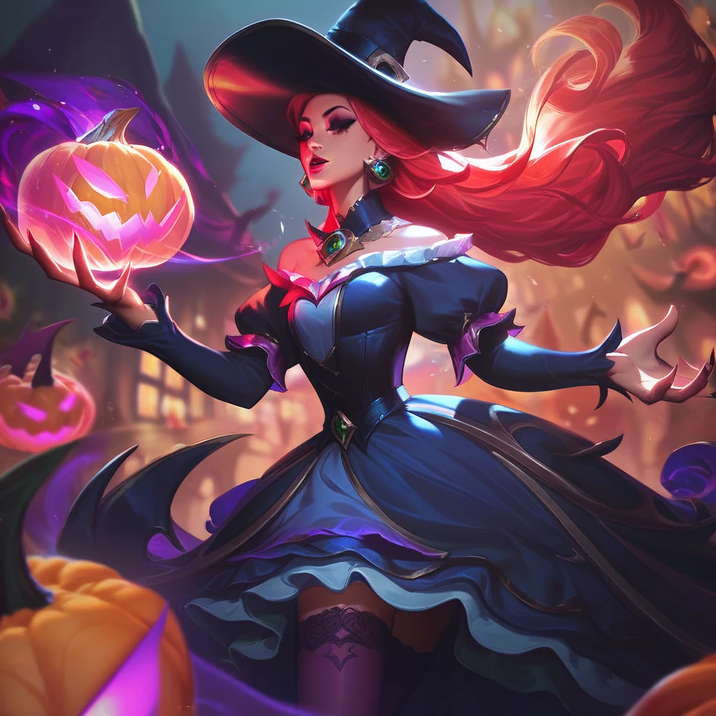 score_9, score_8_up, score_7_up, <lora:LOLHorrorsplashartsMIX:1> 1 girl, lolbewitchingsplashart,, Lolhorrorsplashartmix, jack-o'-lantern, dress, thighhighs, hat, witch hat, witch, dress, victorian dress, red hair, long hair, latina, latina woman